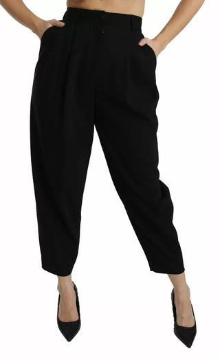 Pantalones negros de lana de talle alto con pliegues y corte cropped