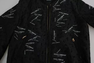 Schwarze Brokat-Bomberjacke mit Logo-Patch und durchgehendem Reißverschluss