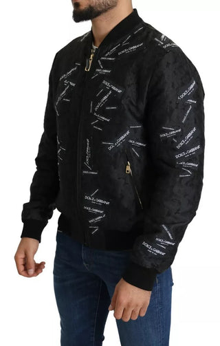 Schwarze Brokat-Bomberjacke mit Logo-Patch und durchgehendem Reißverschluss