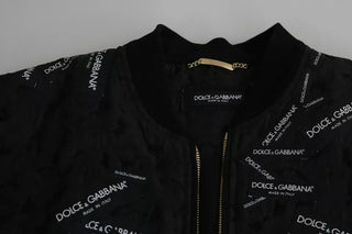 Schwarze Brokat-Bomberjacke mit Logo-Patch und durchgehendem Reißverschluss