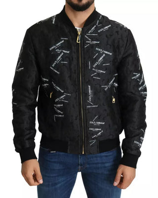 Schwarze Brokat-Bomberjacke mit Logo-Patch und durchgehendem Reißverschluss