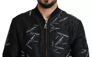 Schwarze Brokat-Bomberjacke mit Logo-Patch und durchgehendem Reißverschluss
