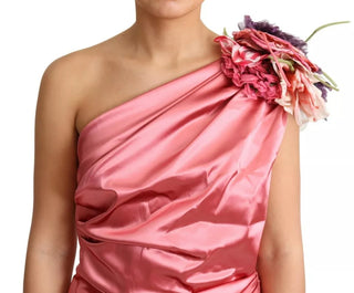 Vestido midi rosa con drapeado y aplique de flores  