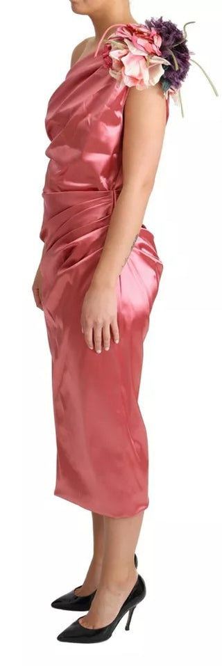 Vestido midi rosa con drapeado y aplique de flores  