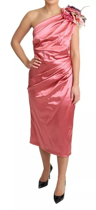 Vestido midi rosa con drapeado y aplique de flores  