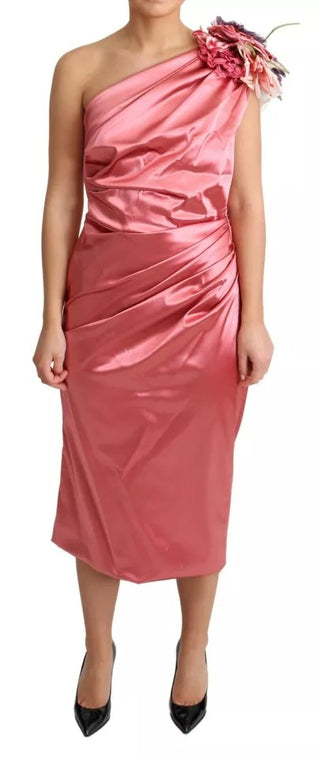 Vestido midi rosa con drapeado y aplique de flores  