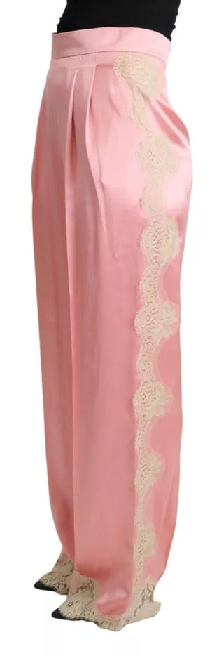 Pantalones anchos de satén de seda rosa con encaje  