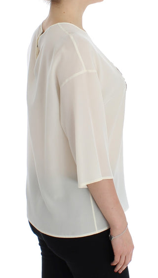 Blusa de Seda Blanca con Lentejuelas y Estampado de Llave