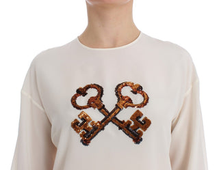 Blusa de Seda Blanca con Lentejuelas y Estampado de Llave