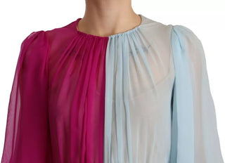 Fuchsia hellblaues Seiden-Midikleid in zweifarbigem Design