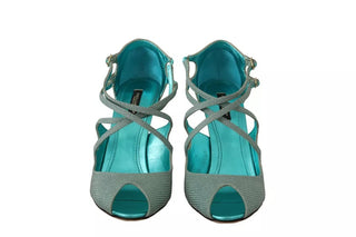 Sandalias de tacón con tiras y brillo azul