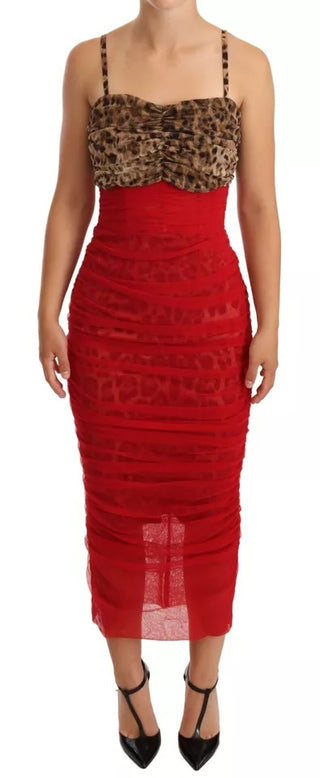 Vestido midi ajustado marrón con estampado de leopardo y tul rojo