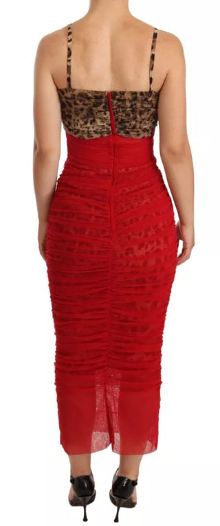 Vestido midi ajustado marrón con estampado de leopardo y tul rojo