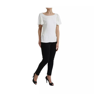 Top blanco de viscosa con cuello redondo y mangas cortas