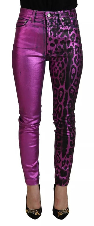 Jeans ajustados de mezclilla de algodón con estampado de leopardo púrpura  
