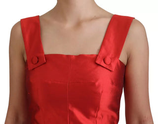 Rotes A-Linien-Midi-Satinseidenkleid mit Falten
