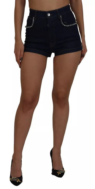 Pantalones cortos hot pants de mezclilla azul con cristal elástico