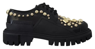 Schwarze Derby-Trekking-Schuhe aus Leder mit Zierelementen
