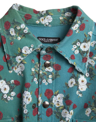Blaues geblümtes Baumwoll-Denim-Hemd mit Knopfleiste