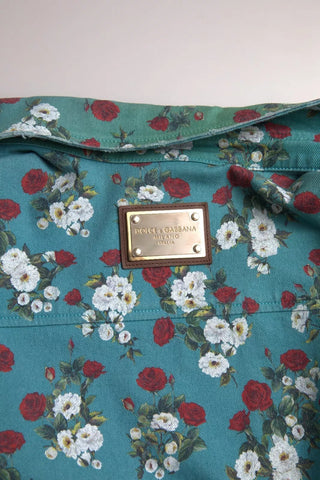 Blaues geblümtes Baumwoll-Denim-Hemd mit Knopfleiste