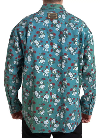 Blaues geblümtes Baumwoll-Denim-Hemd mit Knopfleiste