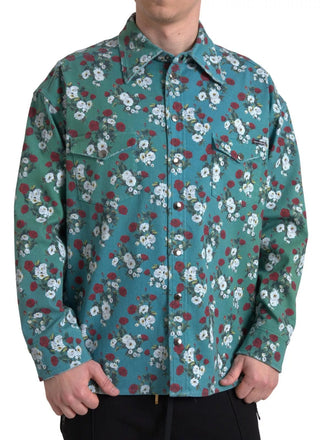 Camisa vaquera de algodón azul con botones y estampado floral