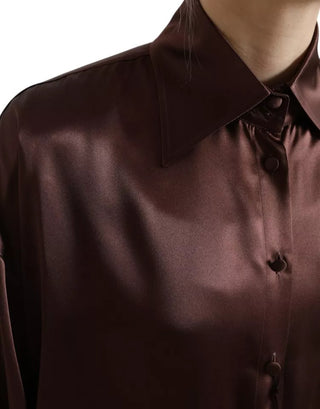 Braune Seidenbluse mit Kragen und langen Ärmeln