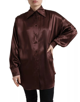 Braune Seidenbluse mit Kragen und langen Ärmeln