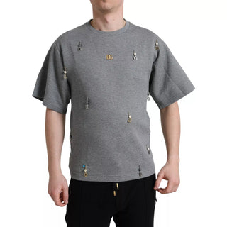 Camiseta gris de algodón con cuello redondo y adornos