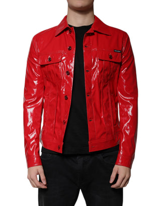 Rote Polyester-Jacke mit Knopfleiste und Kragen