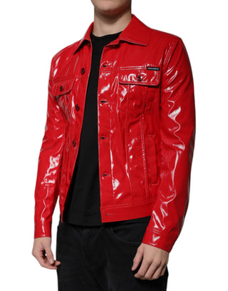 Rote Polyester-Jacke mit Knopfleiste und Kragen
