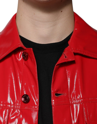 Rote Polyester-Jacke mit Knopfleiste und Kragen