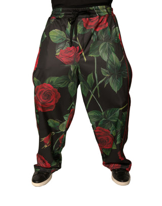 Pantalones jogger de poliéster negro con estampado floral