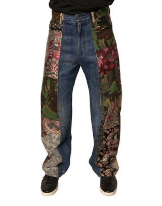 Blaue Patchwork-Jeans aus Baumwolle mit geradem Bein