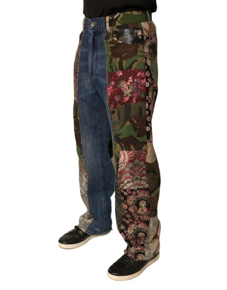 Blaue Patchwork-Jeans aus Baumwolle mit geradem Bein