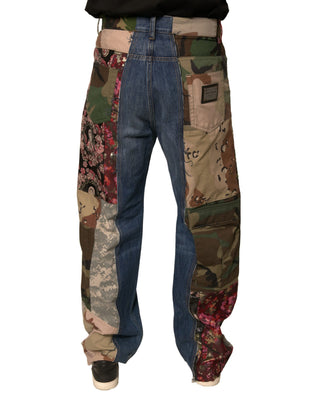 Blaue Patchwork-Jeans aus Baumwolle mit geradem Bein