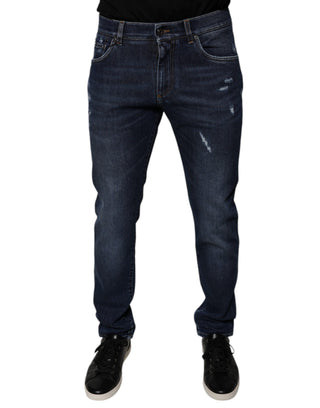 Jeans ajustados de mezclilla azul oscuro con logo de algodón