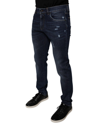 Jeans ajustados de mezclilla azul oscuro con logo de algodón