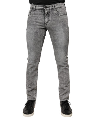 Graue Logo-Plaketten-Jeans aus Baumwolle mit schmaler Passform