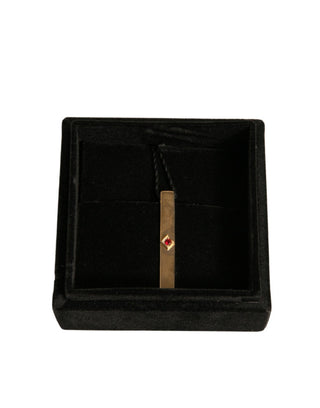 Barra para corbata de latón tono dorado con cristales y logo de marca