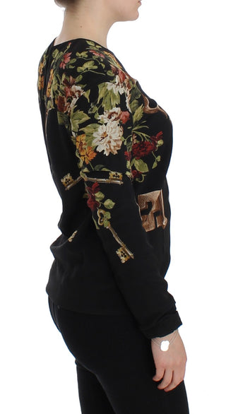 Blusa de Seda Negra con Estampado Floral de Llave