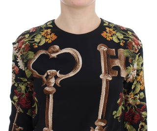 Blusa de Seda Negra con Estampado Floral de Llave