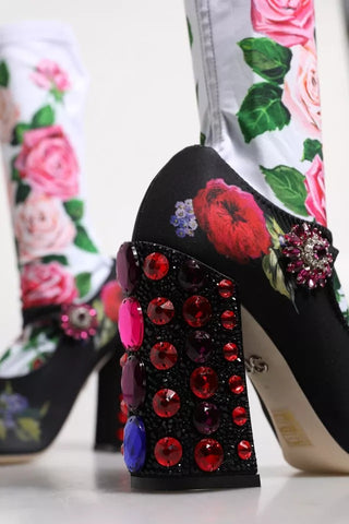 Schwarze Socken mit Blumenmuster Kristallstiefel Jerseystiefel