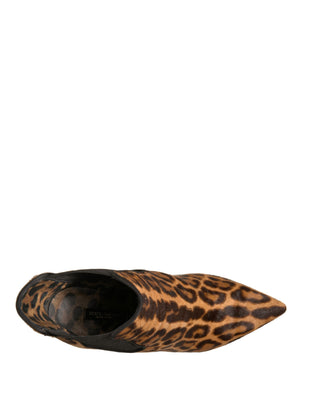 Brown Leopard Leather Stretch Heels Boots Shoes