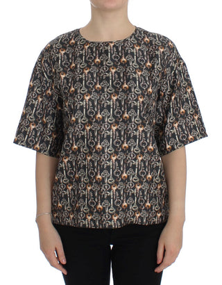 Blusa de Seda Gris con Estampado de Llave Dorada