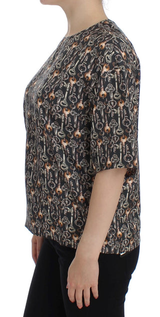 Blusa de Seda Gris con Estampado de Llave Dorada