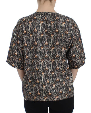 Blusa de Seda Gris con Estampado de Llave Dorada