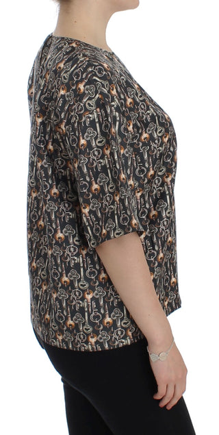 Blusa de Seda Gris con Estampado de Llave Dorada