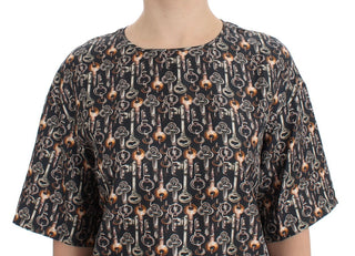 Blusa de Seda Gris con Estampado de Llave Dorada