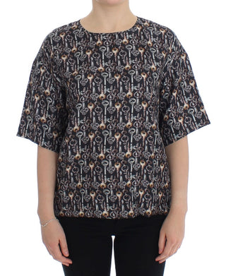 Grau-Goldener Schlüssel-Print Seidenbluse T-Shirt